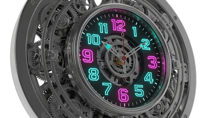 Intricate Skeleton Clock with Neon-Lit Numerals and Exposed Gearwork