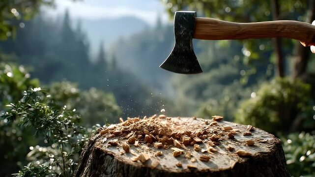 Axe chopping wood on tree stump outdoors