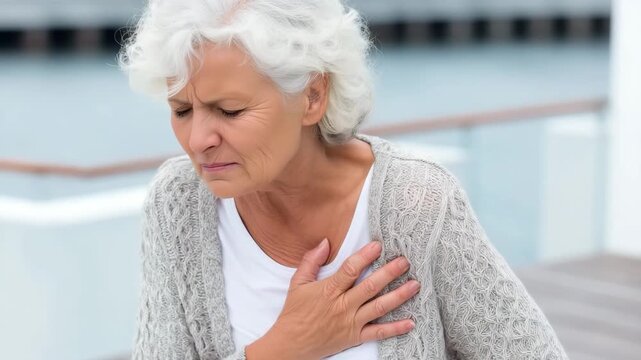 An elderly woman grimaces outdoors while clutching her chest in sudden pain. Concept of heart attack risk and urgent medical care for seniors.