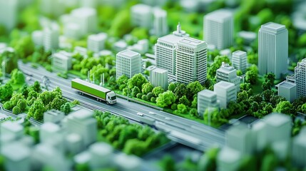 A miniature cityscape with green buildings and roads, featuring a truck driving on the road.
