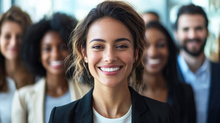 A diverse group of business professionals standing in a modern office setting. The individuals are dressed in professional attire, including suits and blazers.