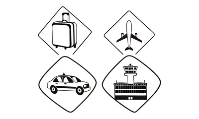 Travel and Time An Airplane, Taxi, Suitcase, and Clock Icon Set