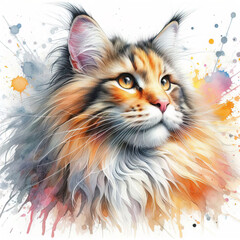 Maine Coon cat in watercolor
