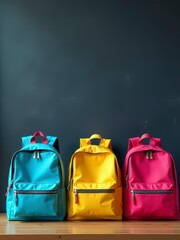Three colorful backpacks in blue, yellow, and pink lined up against a dark background.