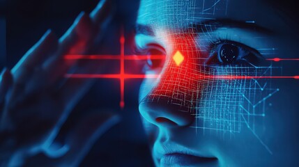 Close up of a face with digital grid overlay and red light effects creating a futuristic look on skin