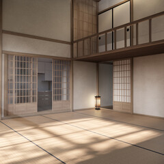 Mock up Tatami mat floor big empty room japanese traditional style. 3D rendering