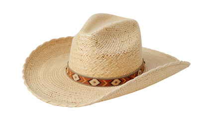 Close-Up of Straw Cowboy Hat – Light Beige Wide-Brim Hat with Patterned Decorative Band Isolated on Transparent Background