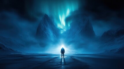 Fototapeta premium Solitary figure confronts aurora borealis over icy mountains
