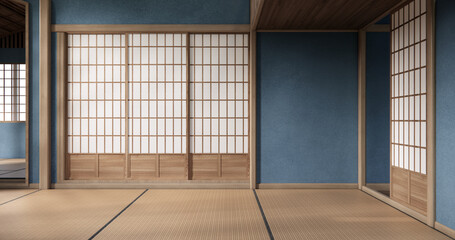 Chabudai japan traditional low table and decoration on minimal Japandi room japan style.3D rendering