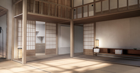 Chabudai japan traditional low table and decoration on minimal Japandi room japan style.3D rendering