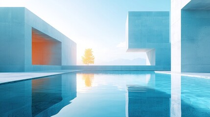 Modern concrete architecture, pool reflection