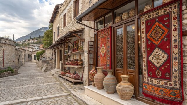 Cobblestone Street with Traditional Rugs and Pottery, Vertical Composition, Albanian Architecture, Handcrafted Goods, Berat. ,Albania, Berat