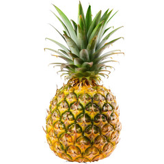 Fototapeta premium Single pineapple, vibrant yellow-gold skin, green leaves