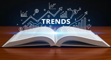 Open book on wooden table, showcasing upward trending graphs and dollar signs, symbolizing financial growth and market trends, ideal for business or finance concepts