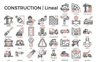 Line Art Icons Representing Various Construction Tools and Professional Equipment