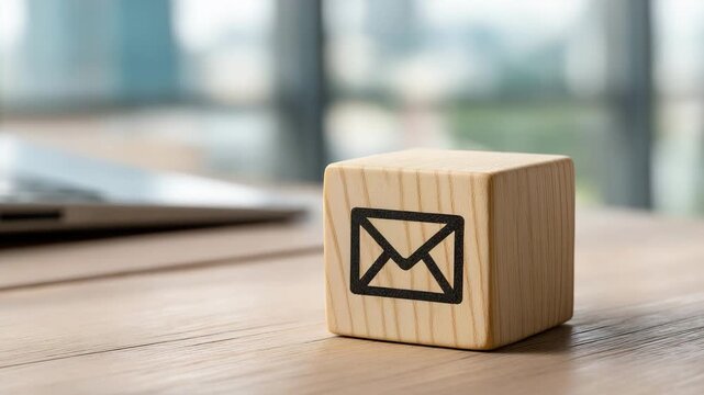 Mail Icon on Wooden Cube in Blurred Office Background Representing Communication, Connection, Information Exchange and Digital Correspondence, Business Wooden Cube, Video
