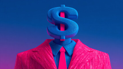 a man wearing a suit his head is a dollar symbol