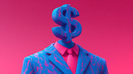 a man wearing a suit his head is a dollar symbol