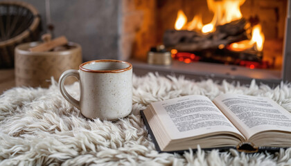 Cozy scene with book and cup of tea by fireplace on rug  
