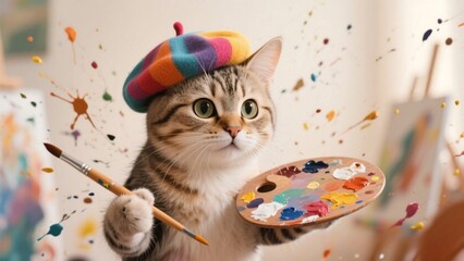 Whimsical Feline Artist A Charming Cat Painting with Colorful Palette and Brush