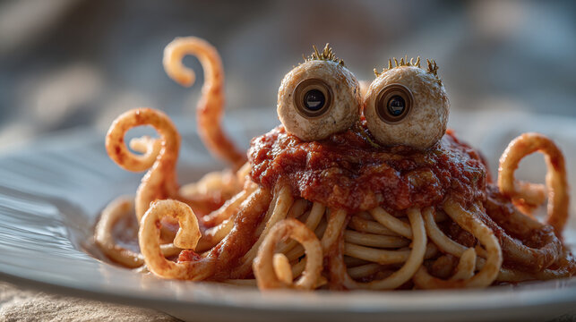 Close up of flying spaghetti monster with mushroom eyes on a white plate outdoors