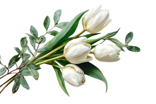 Hand-painted spring floral cluster with white tulips and botanical greenery in elegant watercolor style for vintage design