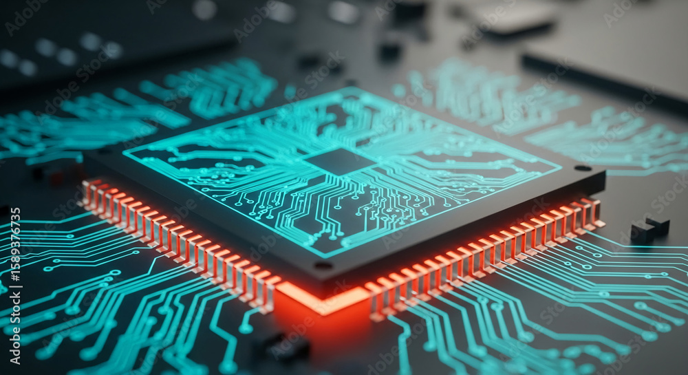 Fototapete close-up of circuit board with glowing teal lines and orange connectors, showcasing technological ad