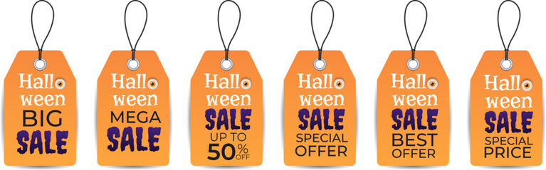 Set of isolated vector realistic Halloween sale tags. Orange tags with special offers. Big sale, mega sale, special price, discounts up to 50 percent.