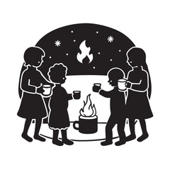Kids Sitting Around Fireplace Silhouette