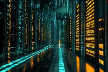 Futuristic server room with data streams and digital information processing center view