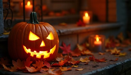 carved pumpkin glowing at night on a doorstep, surrounded by fallen autumn leaves and candles