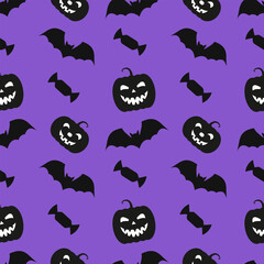 Seamless repeating halloween pattern of candies, pumpkins, bats on purple background. Vector illustration.