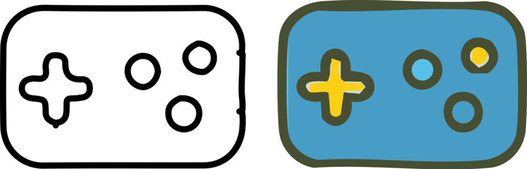 Obraz premium Set of two hand-drawn video game controller icons one outline and one colored.
