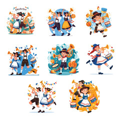 Festive Group in German Attire Playing Instruments –Oktoberfest- Flat Design Illustration