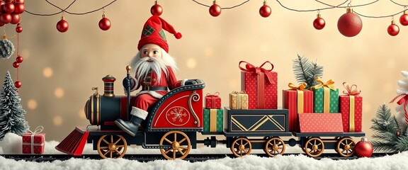 Whimsical Christmas banner featuring a nutcracker Santa on a toy train with gift boxes and festive elements,  illustration,  candy cane