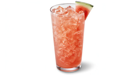 Refreshing watermelon cocktail with ice cubes served in tall glass and garnished with watermelon slice on a white background