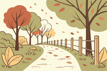 Autumn Pathway with Colorful Trees and Wooden Fence