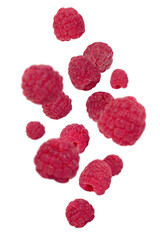 Raspberries in the air - real food image with natural berries on transparent background.