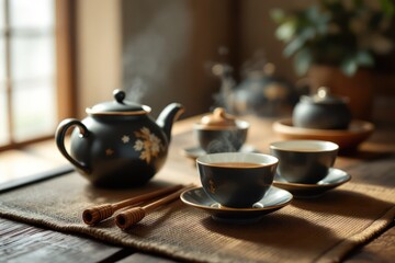 Steaming Traditional Asian Tea Set with Elegant Black Pottery in Soft Light