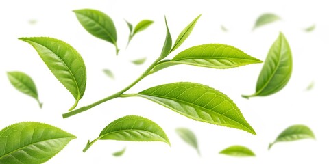 Floating Green Tea Leaves Branch, Close-up, Freshness, Nature Photography, Tea Plant Tea, Green Tea