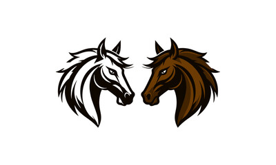 Classic Horse Pair Logo – Noble White and Brown Horse Heads with Sharp Features