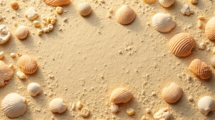 Scattered Natural Seashells Forming a Frame on Warm Golden Sand Background