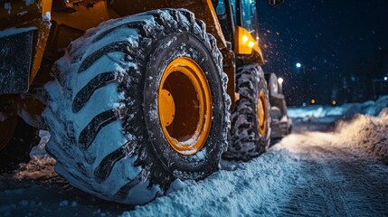 Close-up of snow plow tire clearing snow at night.