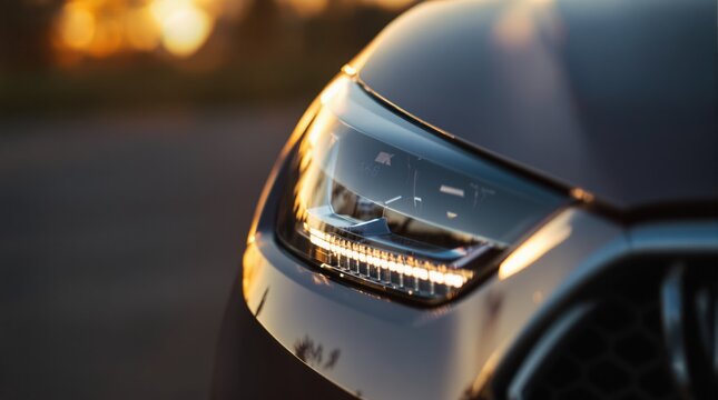 Glowing luxury car headlight close-up with warm sunset light background