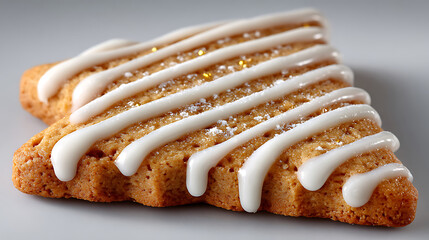 Close up of a star shaped cookie with white icing drizzle
