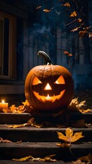 Obraz premium Realistic Carved Pumpkin with Smoke on Wooden Porch at Night – Autumn Leaves and Candlelight