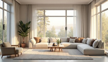 Sunlit Minimalist Living Room Interior with Large Windows and Nature View