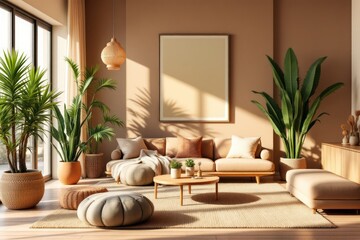Bohemian Living Room Interior with Blank Frame Mockup in Warm Sunlight