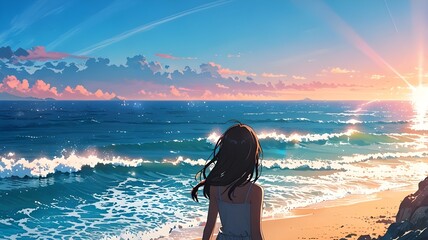 girl watching the ocean sunset anime style image