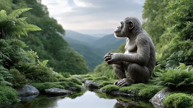Chimpanzee in forest by pool